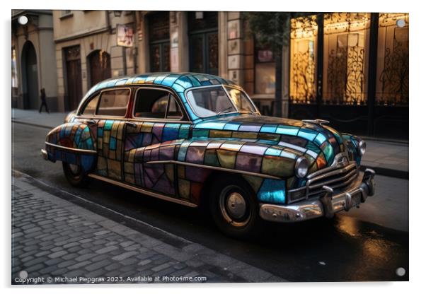 A stained glass vintage car on an empty street created with generative AI technology Acrylic by Michael Piepgras