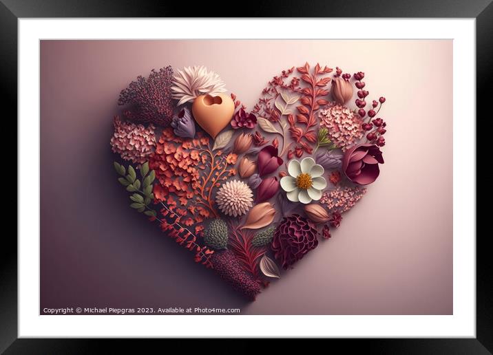 A Valentines Day Heart made of Flowers on a light background cre Framed Mounted Print by Michael Piepgras