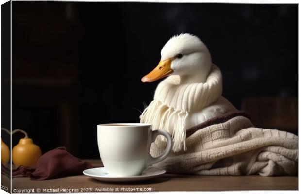 A white duck wearing a scarf and having a coffee created with ge Canvas Print by Michael Piepgras