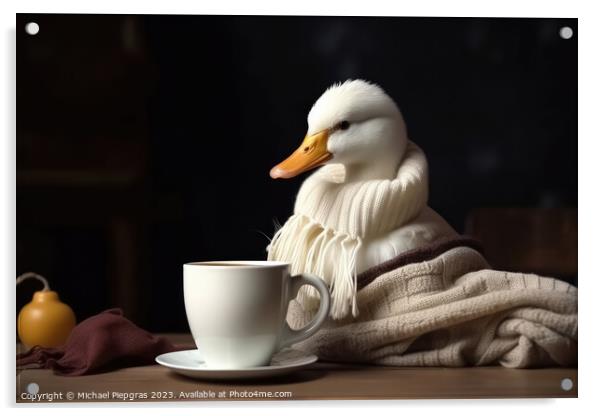 A white duck wearing a scarf and having a coffee created with ge Acrylic by Michael Piepgras