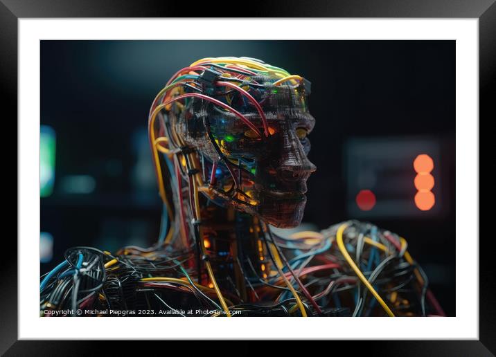 An AI robot almost completely wrapped in brightly coloured fibre Framed Mounted Print by Michael Piepgras