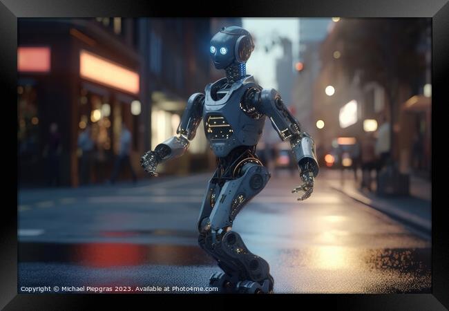 An AI robot dancing in a busy street for some money created with Framed Print by Michael Piepgras