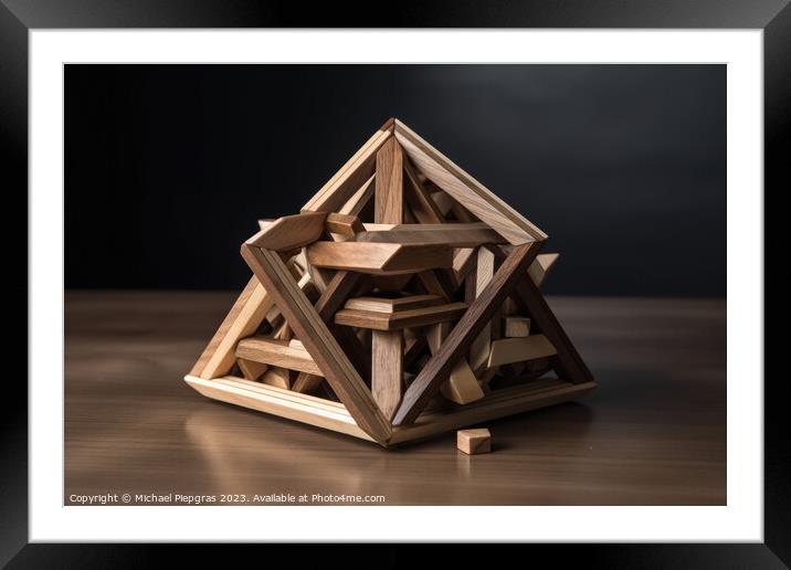 An impossible geometric puzzle made of wood create by generative Framed Mounted Print by Michael Piepgras