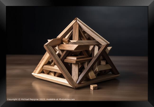 An impossible geometric puzzle made of wood create by generative Framed Print by Michael Piepgras