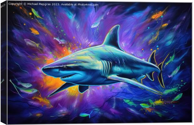 Blacklight Painting of a shark in the Ocean created with generative AI technology. Canvas Print by Michael Piepgras
