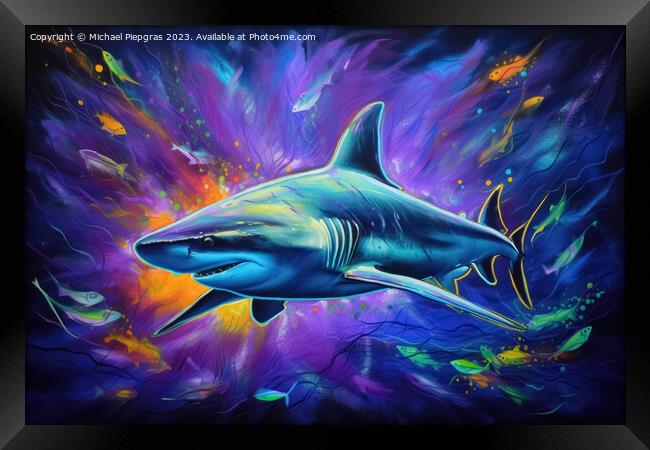 Blacklight Painting of a shark in the Ocean created with generative AI technology. Framed Print by Michael Piepgras