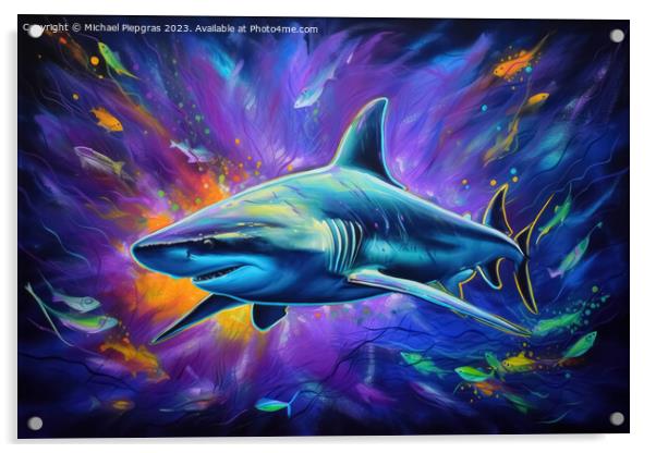 Blacklight Painting of a shark in the Ocean created with generative AI technology. Acrylic by Michael Piepgras