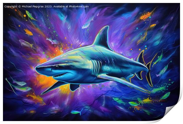 Blacklight Painting of a shark in the Ocean created with generative AI technology. Print by Michael Piepgras
