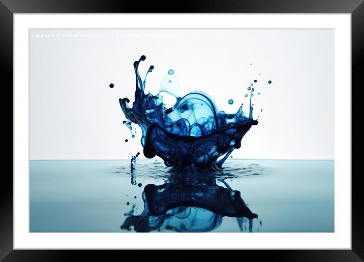 Blue ink dripping into water created with generative AI technolo Framed Mounted Print by Michael Piepgras