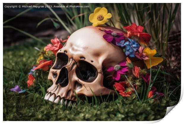 Colorful flowers growing out of a skull some grass on the ground Print by Michael Piepgras