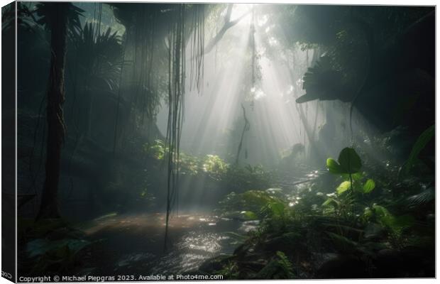 Jungle with light rays coming from above created with generative Canvas Print by Michael Piepgras