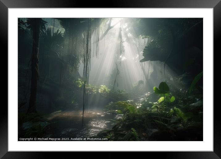 Jungle with light rays coming from above created with generative Framed Mounted Print by Michael Piepgras