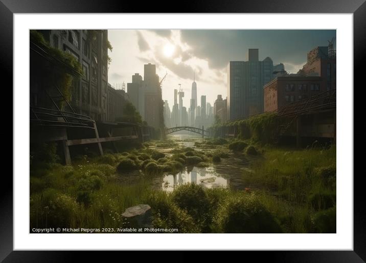 Nature reconquers a big city created with generative AI technolo Framed Mounted Print by Michael Piepgras