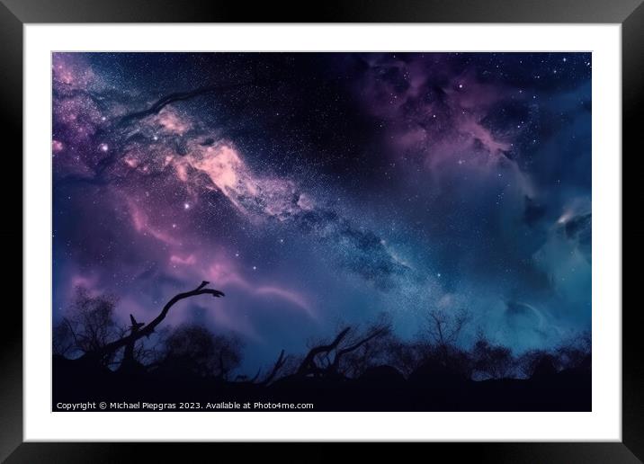 Photo realistic galaxy in the nightsky background created with g Framed Mounted Print by Michael Piepgras