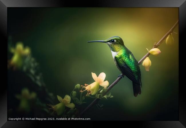 Portrait of a Green Hummingbird on a Flower created with generat Framed Print by Michael Piepgras