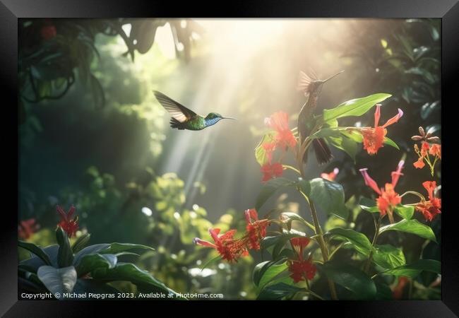 Several hummingbirds buzzing around flowers in a jungle created  Framed Print by Michael Piepgras