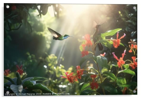 Several hummingbirds buzzing around flowers in a jungle created  Acrylic by Michael Piepgras