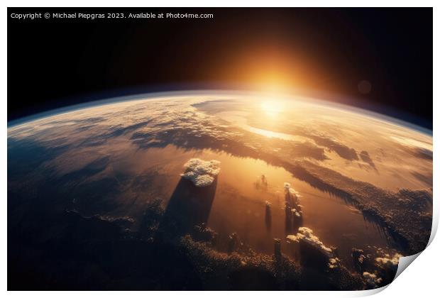 The rising sun above the earth as seen from space created with g Print by Michael Piepgras