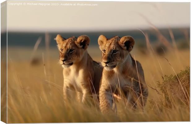 Two cute lion cubs playing in the flat grass of the savannah cre Canvas Print by Michael Piepgras