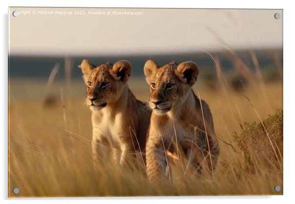 Two cute lion cubs playing in the flat grass of the savannah cre Acrylic by Michael Piepgras