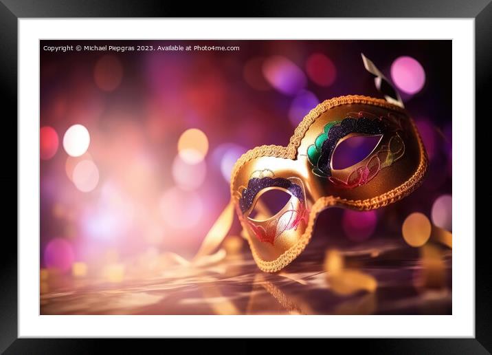 Venetian carnival mask with shiny lights and a defocused bokeh c Framed Mounted Print by Michael Piepgras