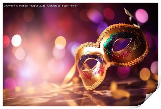 Venetian carnival mask with shiny lights and a defocused bokeh c Print by Michael Piepgras