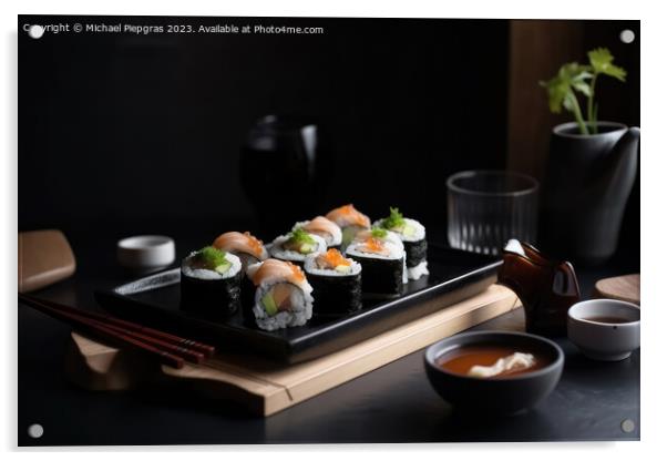 Very tasty sushi served on a dark wooden plate with chopsticks a Acrylic by Michael Piepgras