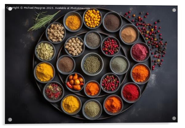 View from above of numerous spices in small bowls on a dark slat Acrylic by Michael Piepgras