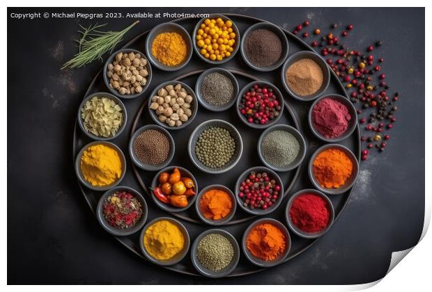 View from above of numerous spices in small bowls on a dark slat Print by Michael Piepgras