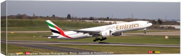 Emirates Boeing 777 taking off from Birmingham Canvas Print by Stephen Thomas Photography 