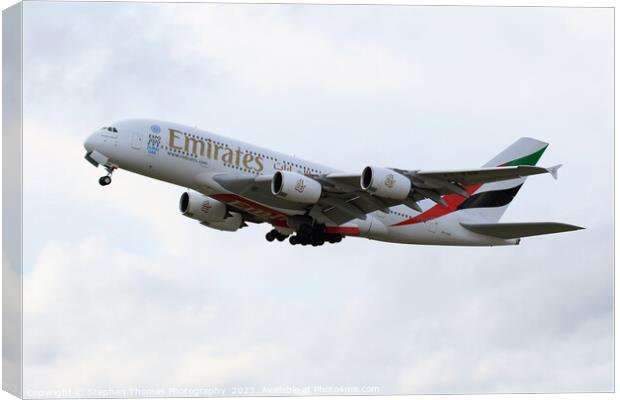 Emirates A380: A Majestic Journey Begins Canvas Print by Stephen Thomas Photography 
