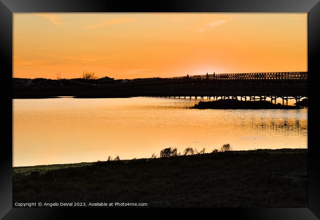 Wooden bridge of Quinta do Lago at Sunset Time Framed Print by Angelo DeVal