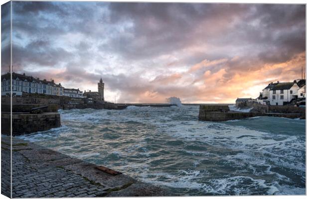 Porthleven Harbour Cornwall storm Canvas Print by kathy white