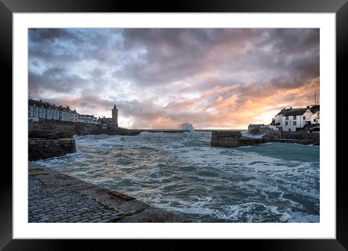 Porthleven Harbour Cornwall storm Framed Mounted Print by kathy white