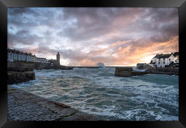 Porthleven Harbour Cornwall storm Framed Print by kathy white