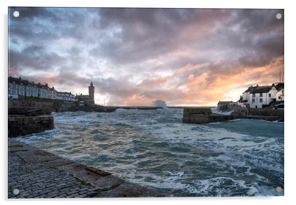 Porthleven Harbour Cornwall storm Acrylic by kathy white