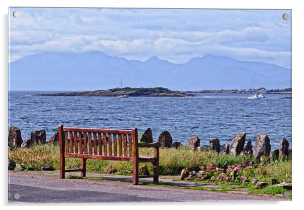 Millport bench and Arran view Acrylic by Allan Durward Photography