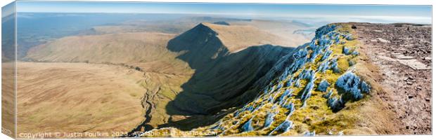 Panoramic view of Cribyn, from Pen y Fan, Bannau Canvas Print by Justin Foulkes