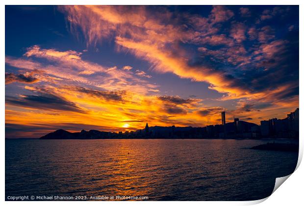 Benidorm - West beach front at sunset Print by Michael Shannon
