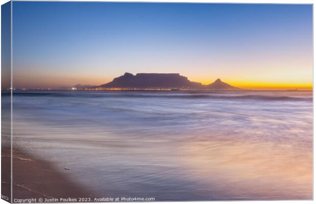 Table Mountain at sunset, from Bloubergstrand, Cape Town Canvas Print by Justin Foulkes
