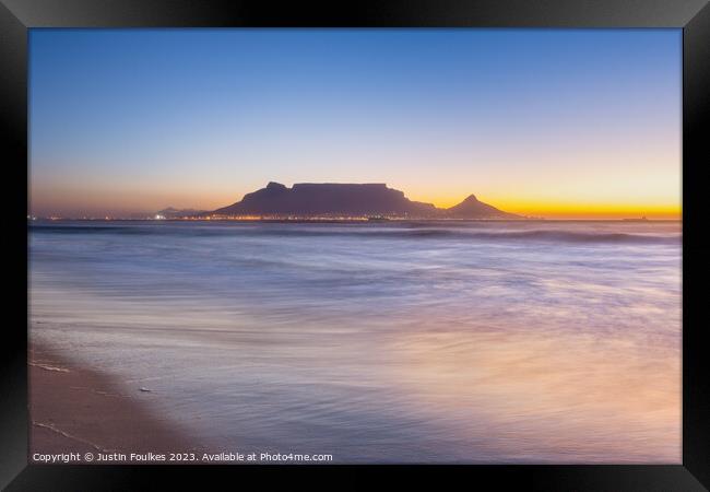Table Mountain at sunset, from Bloubergstrand, Cape Town Framed Print by Justin Foulkes
