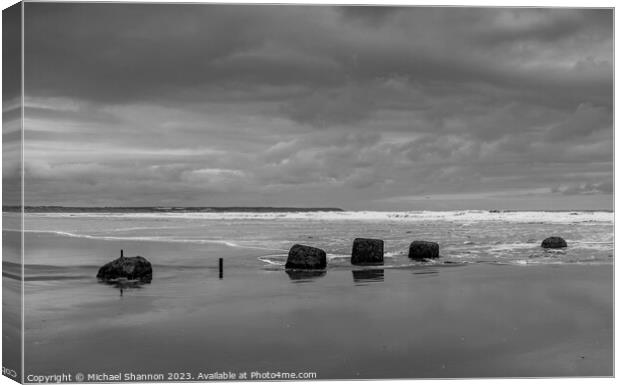 Overcast Day - Reighton Sands, Filey Bay, North Yo Canvas Print by Michael Shannon