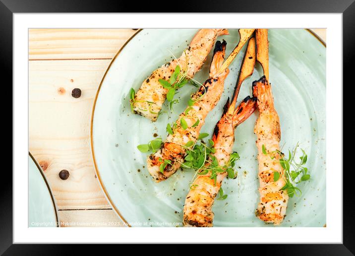 Fried shrimps or prawns skewers Framed Mounted Print by Mykola Lunov Mykola