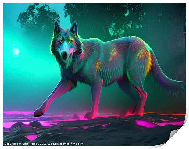 Neon iridescent psychedelic wolf. Print by Luigi Petro