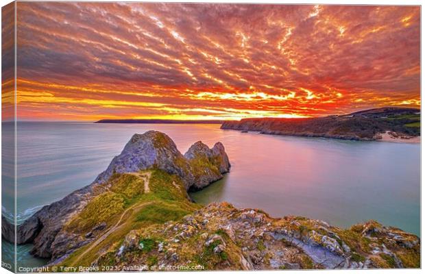 Three Cliffs Bay Sunset Gower Wales Canvas Print by Terry Brooks