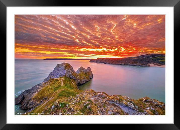 Three Cliffs Bay Sunset Gower Wales Framed Mounted Print by Terry Brooks