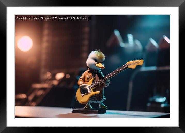 A duck plays rock music on an electric guitar with its wing on a Framed Mounted Print by Michael Piepgras