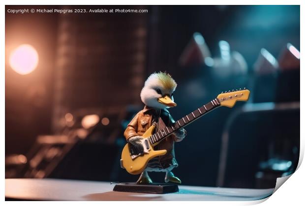 A duck plays rock music on an electric guitar with its wing on a Print by Michael Piepgras