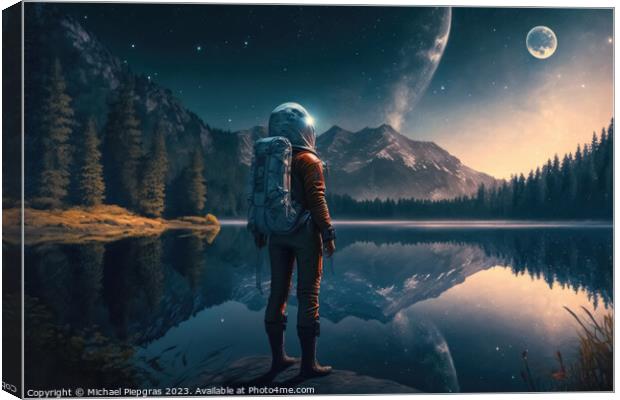 A female astronaut stands by a lake and looks at the stars creat Canvas Print by Michael Piepgras
