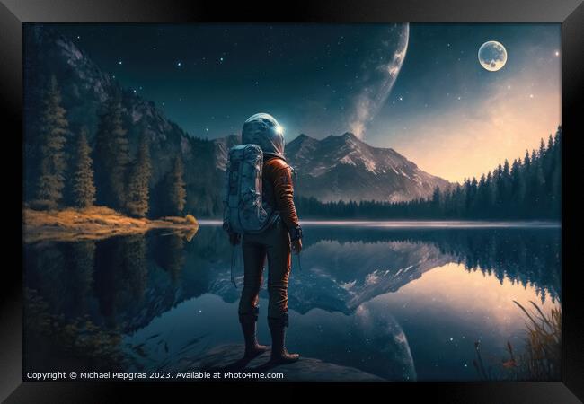A female astronaut stands by a lake and looks at the stars creat Framed Print by Michael Piepgras